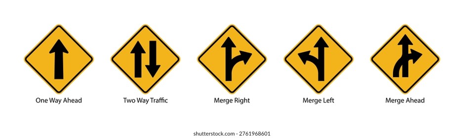 traffic warning signs one way two way merge directions road safety icons set vector