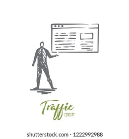 Traffic, website, internet, technology, digital concept. Hand drawn manager presents a traffic report concept sketch. Isolated vector illustration.