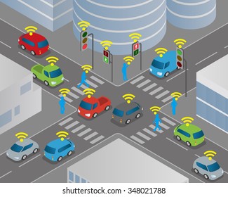 Traffic and wireless network, Intelligent Transport Systems, Internet of Things, vector illustration