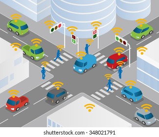 Traffic and wireless network, Intelligent Transport Systems, Internet of Things, vector illustration