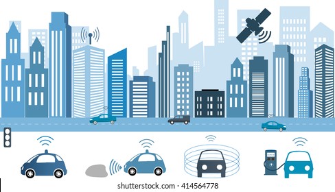 Traffic and wireless network, Intelligent Transport Systems. Autonomous Driver-less Car.Automobile sensors use in self-driving cars Electric car charging at the charger station. 
