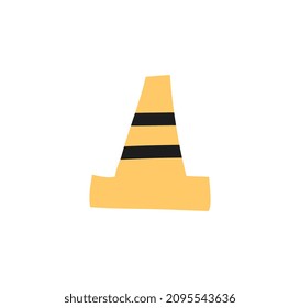Traffic yellow and black cone. Items for fencing working part. Construction equipment, tool. Social media stickers and badges. Road signs, repair and renovation. Cartoon flat vector illustration