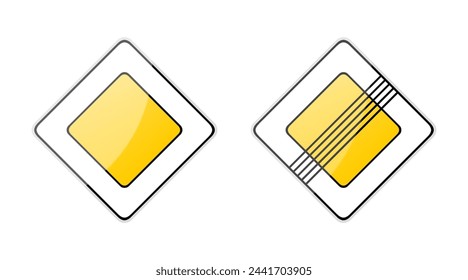 Traffic Yellow Road Sign. Priority Main Road. The beginning of the main road and end of main road. Street regulation system signals, safety in the city, Realistic 3d vector illustration