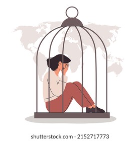 Trafficking in persons. Modern global problems and slavery. Kidnapping and crime, young girl crying in cage. Serious difficulties and problems. Dirty business. Cartoon flat vector illustration