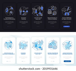 Trafficking reason day, night mode onboarding mobile app page screen. Walkthrough 5 steps graphic instructions with concepts. UI, UX, GUI vector template with linear night and day mode illustrations