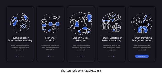 Trafficking reasons dark mode onboarding mobile app page screen. Walkthrough 5 steps graphic instructions with concepts. UI, UX, GUI vector template with linear night mode illustrations