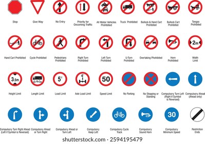 Traffic-Road Sign Collection web icons. Vector traffic signs design. Road warning, mandatory, prohibition and information symbols in red