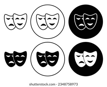 conjunto de iconos de máscara de comedia de tragedia. símbolo vector de máscara de tragedia de drama de acción. símbolo de la máscara de la exposición teatral de la comedia con un estilo relleno y delineado de negro.