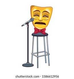 tragedy comedy mask with stand microphone icon over white background, colorful design, vector illustration