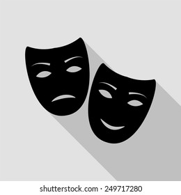 tragedy and comedy masks icon - black illustration with long shadow