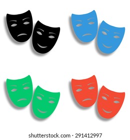 tragedy and comedy masks icon with shadow - colored vector set