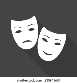 tragedy and comedy masks icon - vector illustration with long shadow isolated on gray 