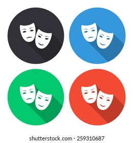 tragedy and comedy masks vector icon - colored(gray, blue, green, red) round buttons with long shadow