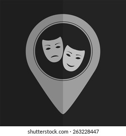 Tragedy and comedy masks vector icon - map pointer. Flat design