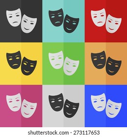 Tragedy and comedy masks vector icon - colored set. Flat design