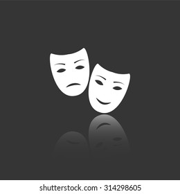 tragedy and comedy masks vector icon with mirror reflection
