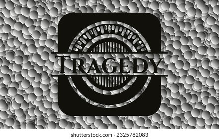 Emblema oscuro de la tragedia con fondo de burbujas grises. Retro. Ilustración vectorial. Detallado. 