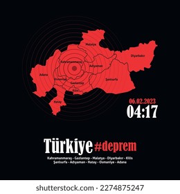 The tragedy of February 6, 2023. Destructive earthquake. Vector illustration.Earthquake in Turkey provinces of Kahramanmarash, Gaziantep, Malatya, Diyarbakir, Kili, Sanliurfa, Adiyaman, Hatay, Osmaniy