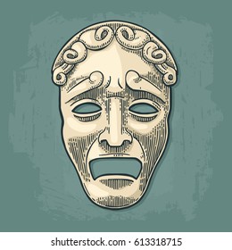 Tragedy theater mask . Vector engraving vintage black and beige illustration. Isolated on turquoise background.