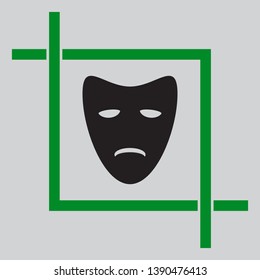 Tragedy theatrical masks. Black icon inside green crop tool at light gray background