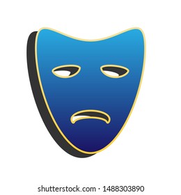 Tragedy theatrical masks. Blue icon with gold contour with dark gray shadow at white background. Illustration.