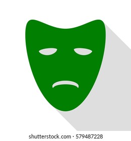 Tragedy theatrical masks. Green icon with flat style shadow path.