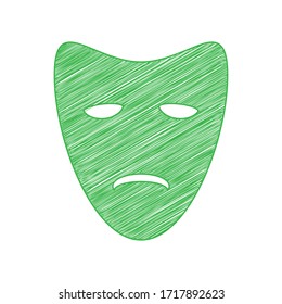 Tragedy theatrical masks. Green scribble Icon with solid contour on white background. Illustration.