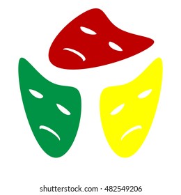 Tragedy theatrical masks. Isometric style of red, green and yellow icon.