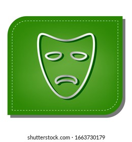 Tragbare theatralische Masken. Silber Farbverlauf-Symbol mit dunkelgrünem Schatten auf ökologisch gepflastertem grünem Blatt. Illustration.