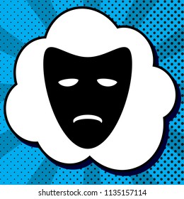 Tragedy theatrical masks. Vector. Black icon in bubble on blue pop-art background with rays.