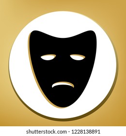 Tragedy theatrical masks. Vector. Black icon with light brown shadow in white circle with shaped ring at golden background.