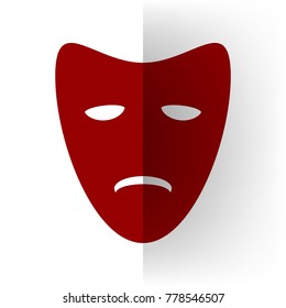 Tragedy theatrical masks. Vector. Bordo icon on white bending paper background.
