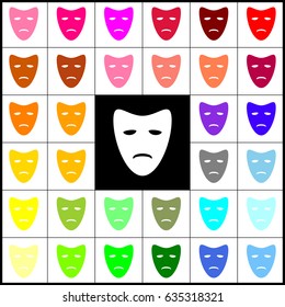 Tragedy theatrical masks. Vector. Felt-pen 33 colorful icons at white and black backgrounds. Colorfull.