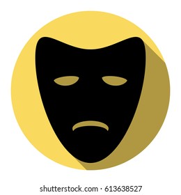 Tragedy theatrical masks. Vector. Flat black icon with flat shadow on royal yellow circle with white background. Isolated.