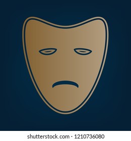 Tragedy theatrical masks. Vector. Golden icon and border at dark cyan background.