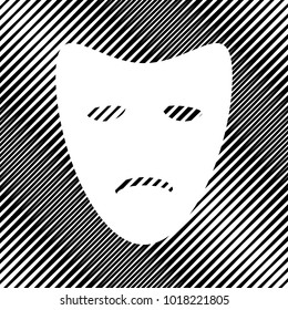 Tragedy theatrical masks. Vector. Icon. Hole in moire background.