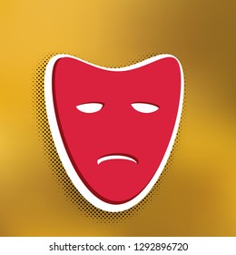 Tragedy theatrical masks. Vector. Magenta icon with darker shadow, white sticker and black popart shadow on golden background.