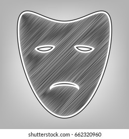 Tragedy theatrical masks. Vector. Pencil sketch imitation. Dark gray scribble icon with dark gray outer contour at gray background.