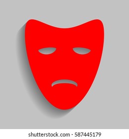 Tragedy theatrical masks. Vector. Red icon with soft shadow on gray background.