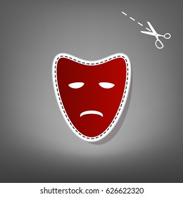 Tragedy theatrical masks. Vector. Red icon with for applique from paper with shadow on gray background with scissors.