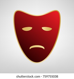 Tragedy theatrical masks. Vector. Red icon on gold sticker at light gray background.