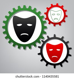 Tragedy theatrical masks. Vector. Three connected gears with icons at grayish background.