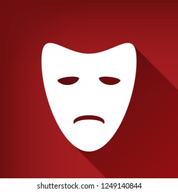 Tragedy theatrical masks. Vector. White icon with limitless shadow at ruby red background.
