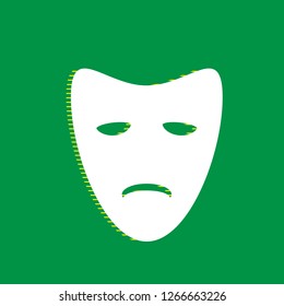 Tragedy theatrical masks. Vector. White flat icon with yellow striped shadow at green background.