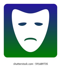 Tragedy theatrical masks. Vector. White icon at green-blue gradient square with rounded corners on white background. Isolated.