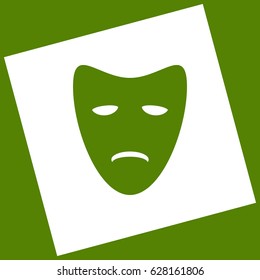Tragedy theatrical masks. Vector. White icon obtained as a result of subtraction rotated square and path. Avocado background.