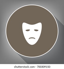 Tragedy theatrical masks. Vector. White icon on brown circle with white contour and long shadow at gray background. Like top view on postament.