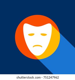 Tragedy theatrical masks. Vector. White icon on tangelo circle with infinite shadow of light at cool black background. Selective yellow and bright navy blue are produced.