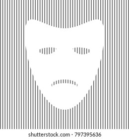 Tragedy theatrical masks. Vector. White icon on grayish striped background. Optical illusion.