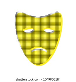 Tragedy theatrical masks. Vector. Yellow icon with square pattern duplicate at white background. Isolated.